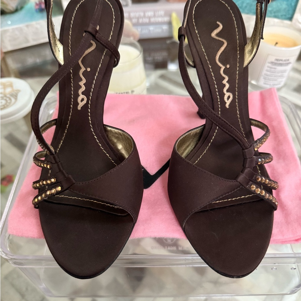 Nina Brown Satin Stiletto Heels with Ankle Strap